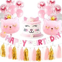 Pink Cat Birthday Party Decoration Cat Balloons Cat Birthday MEOW Banner Meow Party Supplies Pink Cat Cake Decoration
