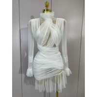 Elegant White High Collar Long Sleeve Solid Mesh Sexy See Through Ruffle Mini Dress Women Evening Club Party Birthday Dresses