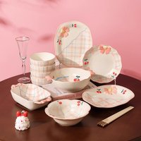 Pink Plaid Ceramic Dinnerware Set Chic Cherry Flower Bowknot Relief Dining Plates Bowls Home Kitchen Tableware Microwave Safe