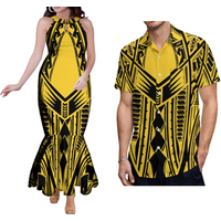 Summer Couple Suit Women'S Fishtail Dress Halter-Neck Long Skirt Men'S Shirt Polynesian Features Designed Adult Clothing