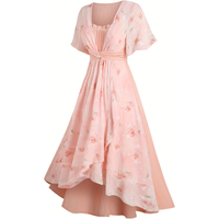 Spring and autumn new style plus-size floral print ruffled pleated twist hem high-low dress