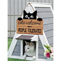 22*20cm Welcome Sign Boxwood Cat People Tolerated Sign Front Door Wall Hanging Wooden Plaque Hanger Black Kitten Garden Decor