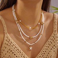 3PCS Boho Summer Necklace Set, Starfish Shell Beaded Layered Clavicle Chain, Ideal for Vacation and Daily Wear