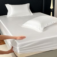 3Pcs Luxury Satin Fitted Sheet Set Soft Comfortable Breathable Solid Color Bedding Mattress Protector Set for Double Full Size