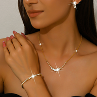 Simple rhinestone geometric stud earrings, necklace and bracelet set. Fashionable elastic wristband. Daily commuting jewelry.