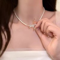 Trend Wedding Party Jewelry Pearl Bow Pendant Choker Necklace For Women Elegant White Imitation Pearl Chain Necklaces