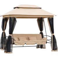 PINGGO 3 Seater Swing Chair 3-in-1 Convertible Hammock Bed Gazebo Patio Bench Outdoor, Cushioned Seat, Mesh Sidewalls, Beige