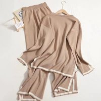 Elegante Damen-Langarm-Tops, gestrickt, 2-teilige Anzüge, lässiger Damen-Strickpullover und geteilte lange Hose mit weitem Bein, zweiteilige Sets