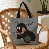 1 Pcs Cute Mole Cartoon Tote Bag - Reusable Large Capacity Shopping Bag for Daily Use, Grocery, Travel & Work (Gray)