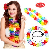 5pcs Tropical Hawaii Party Colorful Silk Leis Flower Wreath Necklace For Hawaii Beach Theme Party Decoration Supplies