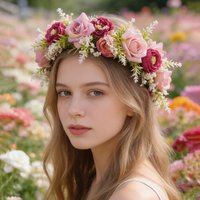 Forest-Style Gradient Pink Rose Flower Wreath Headpiece, Bridal Travel Photo Shoot Hair Accessory, Adjustable Ribbon Headband