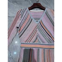 Spring Women Slim Knitted Dress Sequined Striped V-Neck Long Sleeve Elastic Waist A-Line Elegant Ladies Knit Robe