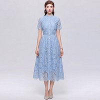 Elegant Light Blue Lace Dress Women Short Sleeve Stand Collar Midi Dress with Belt A-Line Party Cocktail Dress Lady Formal Wear