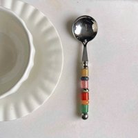 Vintage French Style Colorful Natural Stone Beaded Handle Stainless Steel Coffee Spoon, Handmade Dessert Tea Spoon, Aesthetic Cu