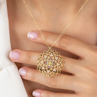 Bohemian Style Hollow Mandala Flower Colorful Artificial Gem Accent Women Pendant Necklace For Party And Vacation Matching