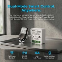 Mini WiFi Smart Switch with RF433 Remote, 16A Voice Control Alexa Google Home, Tuya APP, DIY Installation for Home Automation