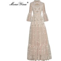 MoaaYina Fashion Designer dress Summer Women Dress 3/4 Flared sleeves Sequins Embroidery Mesh Maxi Party Dress