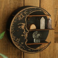 Crystal Display Wooden Shelf Moon Face Hanging Wall Jewelry Holder Bohemian Home Decor Floating Stand Shelves Room Decoration