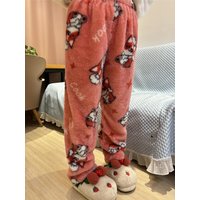 Kawaii Cartoon Pajama Pants Thick Warm Christmas Sleeping Pants Fluffy Pyjamas Women PJ Pants Girls Soft Plush Flannel Sleepwear