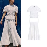 Embroidered Hollow out Bubble Sleeve round Neck Midi Skirt Women's Fashion Summer Outfit High Waist Short Sleeve High Neck
