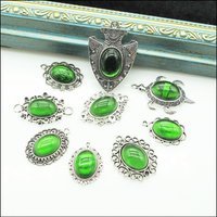 Retro Oval Green Glaze & Tibetan Silver Plated Animal FlowerShield Charms HCJBAB