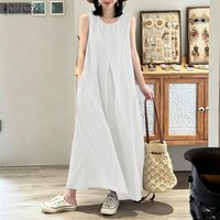 ZANZEA Women's Casual Summer Maxi Dress Sleeveless O-Neck Inverted Pleat Detailing Solid Color Long Dresses Loose Robes Femme