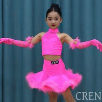 Neon Pink Latin Dance Costumes Girls Lace Feather Tops Skirt Gloves Competition Clothing Suit Cha Cha Performance Wear DNV25835