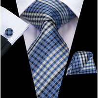 Hi-TieDouble Patchwork Blue Window Plaid Men's Ties Elegant and stylish men's ties Cufflinks Pocket square Party Dating Wedding