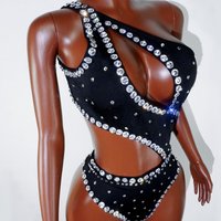 Sexy One Shoulder Black Rhinestone Bodysuit Leotard Cutout Stage Outfit Gogo Original Drag Queen Performance Costume Sparkly