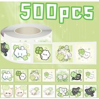 500Pcs Green Clover Cute Animal Sticker Roll, Soft Pastel Lucky Four-Leaf Pet Decals for Journaling Package Sealing DIY Craft