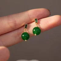 Minar Wholesale Green Color Jade Natural Stone CZ Cubic Zirconia Drop Earrings for Women 14K Real Gold Plating Copper Jewelry