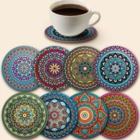 8pcs/set National Style Art Cup Mat Art Wooden Mandala Coasters Set Holiday Party Essential for Bar Office Home Decor