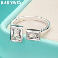 925 Sterling Silver Double Square Zircon Open Ring For Women Wedding Party Charm Fine Jewelry