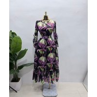 Miyake Vacation Style Printing and Dyeing Three-dimensional Flower Dress Women's High-waisted A-word Ruffle Leaf Edge Long Dress