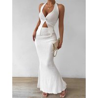 Women Solid Color Long Skirt Two Piece Sets Summer Sexy Twist Lace-up Vest Top Tight Long Skirt Set Elegant 2025 Female Outfits