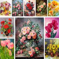 Toile imprimée tuilpe rose fleurs, kit de broderie bricolage point de croix fils DMC, passe-temps artisanat peinture ogo Mulina ventes illac