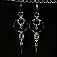 Gothic Punk Sliver Color Spike Rivet Tassels Double O-shaped Circle Dangle Earrings for Women Men Y2K Hip-hop Rock Party Jewelry