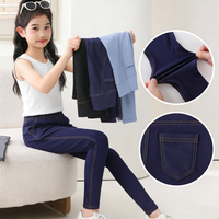 Trendy Children Girls Faux Denim Leggings High Waist Stretch Slim Fit Casual Pants Comfortable Jean-Style Trousers with Pockets