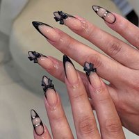 24Pcs Black Bowknot Press on Nails Diamond French Style Fake Nails Sweet Pink Polka Dot False Nails Almond Nail Art for Girls