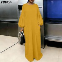VONDA Fashion Women Dress Solid Color Long Sleeve Puff Sleeve Plus Size Dresses O Neck Party Long Maxi Dress Casual OL Vestidos