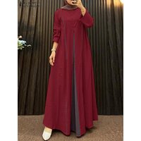2025 ZANZEA Fashion Muslim Abaya Dresses Women Long Sleeve Patchwork Maxi Sundress Elegant Loose IsIamic Robe Kaftan Eid Mubarek
