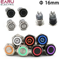 16mm Waterproof Metal Push Button Switch LED Light Anodize Oxide Black Momentary Latching Car Engine PC Power Switch 3-380V Red