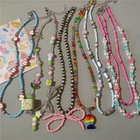 Y2K Harajuku Resin Acrylic Flower Bow Fruit Heart Ceramic Fish Beaded Choker Necklace For Women Aesthetic Jewelry Accessories