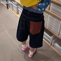 REDDACHiC Harajuku Women Plaid Stitch Denim Bermuda Shorts Vintage Baggy Carpi Trousers Low Rise Wide Jeans Jorts Y2k Streetwear
