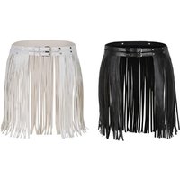 Womens Punk Leather Double Buckled Wide Waist Belt PU Fringed Tassels Skirts