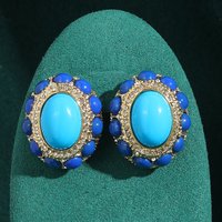 Vintage Blue Natural Stone Oval Stud Earrings Gold Plated Crystal Ancient Woman Luxury Dubai Quality Designer Jewelry 2025 New
