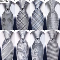 Hi-Tie 2023 New Fashion Brand Tie for Men New Design Striepd Silver Grey Wedding Party Necktie Handky Cufflinks Gift Wholesale