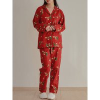 Women'S Christmas Red and White Pajama Set Koala Printed Long Sleeved Shirt With Elastic Waisted Pants Pajamas Home Wear