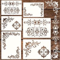 6Pcs Corner Stencils for Painting, Vintage Damask Border Stencil Template Reusable Corners Damask Furniture Stencils for Wood Ca