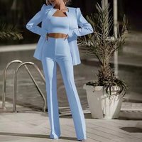 Three Piece Sets Women Full Sleeve Coats Blazer Strapless Long Pants Suits Solid High Waist Trousers Elegant Office Lady
